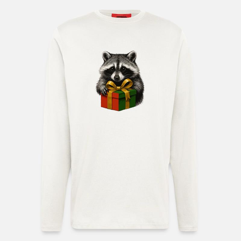 Edler Weihnachts Waschbär mit Geschenk - Langarmshirt - made by SPREAD  - OFF WHITE
