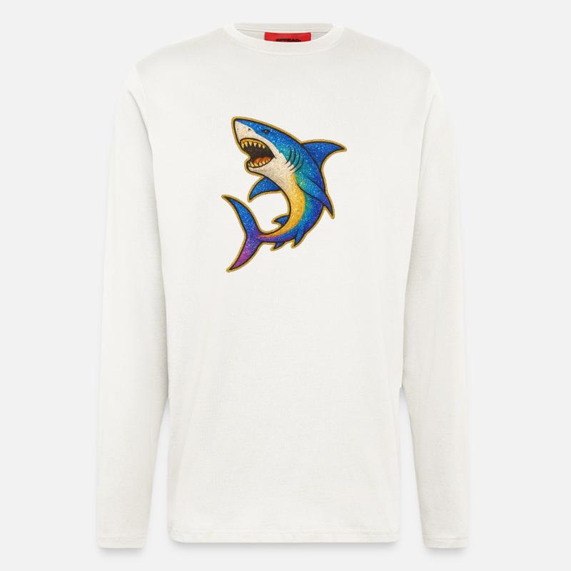 Requin | Requin arc-en-ciel Patch Art - Manches longues bio décontracté fabriqué en UE - OFF WHITE
