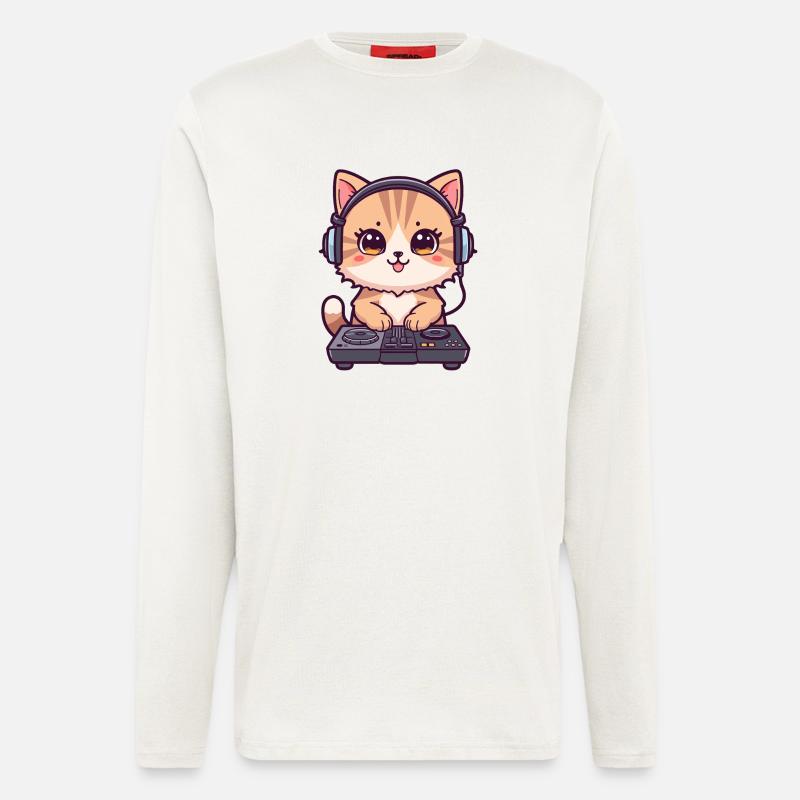 Katze als DJ mit Kopfhörer - Langarmshirt - made by SPREAD  - OFF WHITE