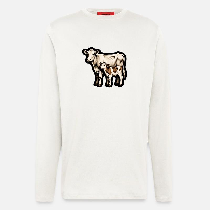 Mutterkuh mit Kalb – Retro Tierillustration - Langarmshirt - made by SPREAD - OFF WHITE