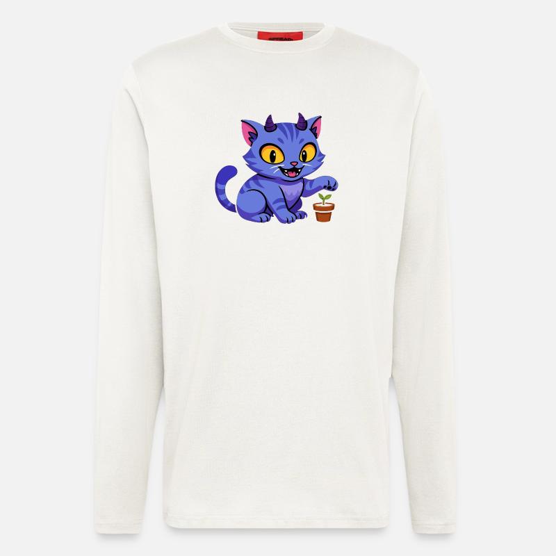 Blauer Katzenkobold mit Pflanze - Langarmshirt - made by SPREAD  - OFF WHITE