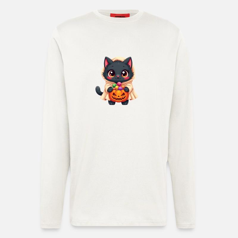 Chat d’Halloween avec citrouille d’Halloween - Manches longues bio décontracté fabriqué en UE - OFF WHITE