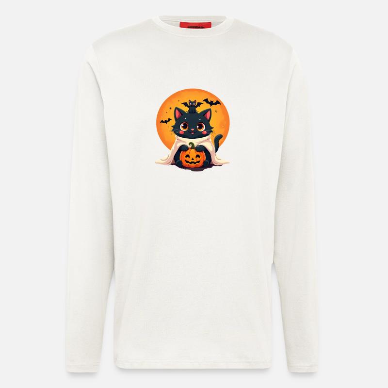 Chat d’Halloween avec citrouille d’Halloween - Manches longues bio décontracté fabriqué en UE - OFF WHITE