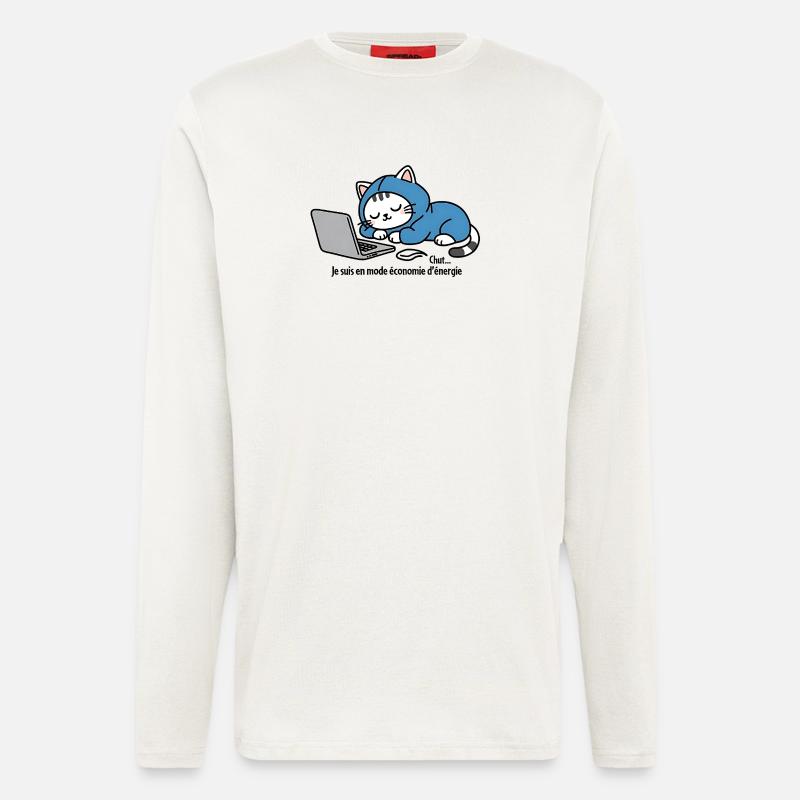 Katze im blauen Kapuzenpullover auf Laptop - Langarmshirt - made by SPREAD  - OFF WHITE
