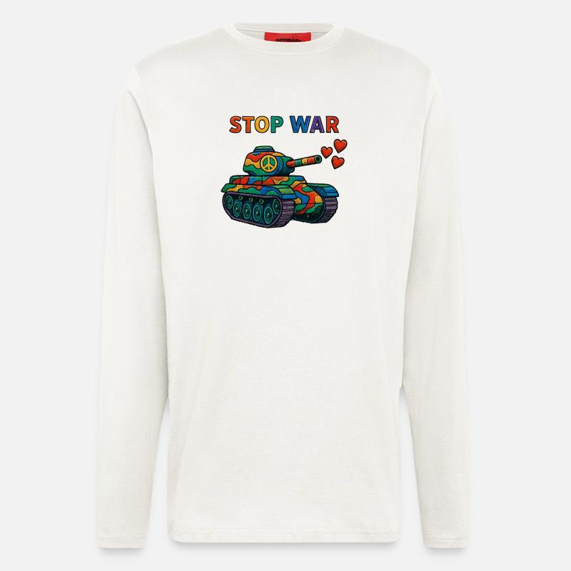 Regenbogen Panzer mit Peace-Zeichen – STOP WAR - Langarmshirt - made by SPREAD  - OFF WHITE