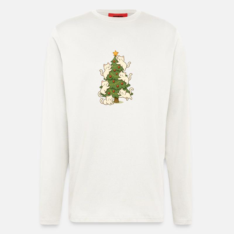 Chat, Arbre de Noël, Whimsy, Chatons - Manches longues bio décontracté fabriqué en UE - OFF WHITE