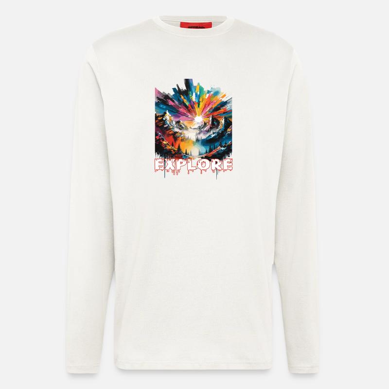 Farbintensive Landschaft mit 'Explore' Aufdruck - Langarmshirt - made by SPREAD  - OFF WHITE
