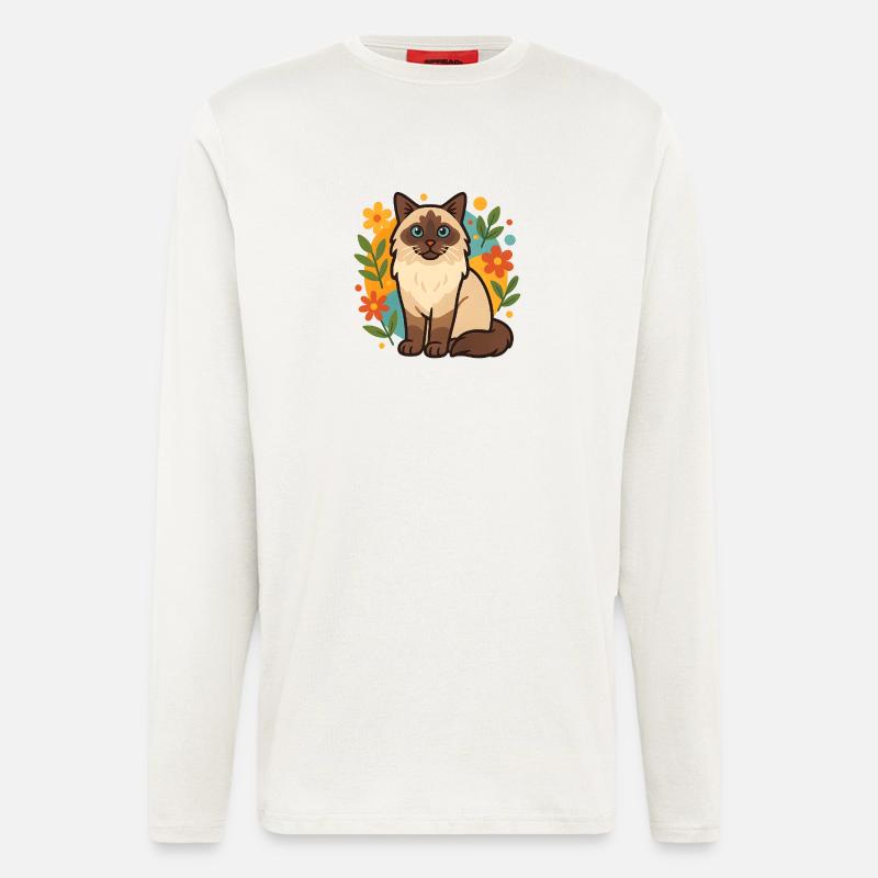Chat Ragdoll avec cercle de fleurs - Manches longues bio décontracté fabriqué en UE - OFF WHITE