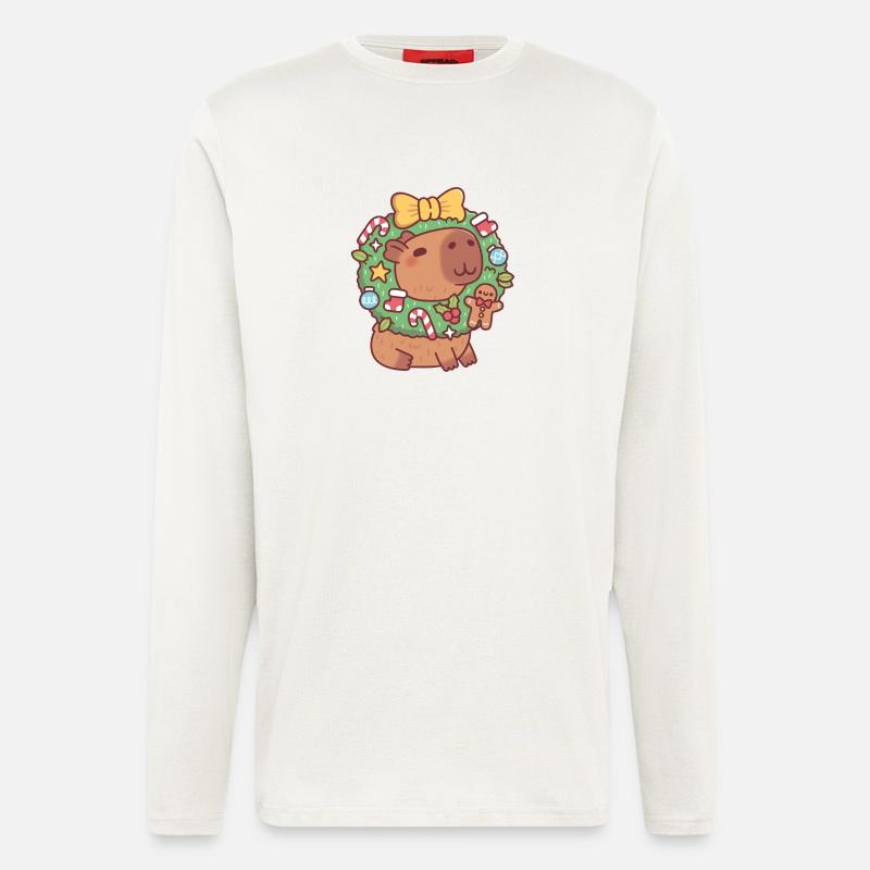 Süßes Capybara mit Weihnachtskranz Lustig - Langarmshirt - made by SPREAD  - OFF WHITE