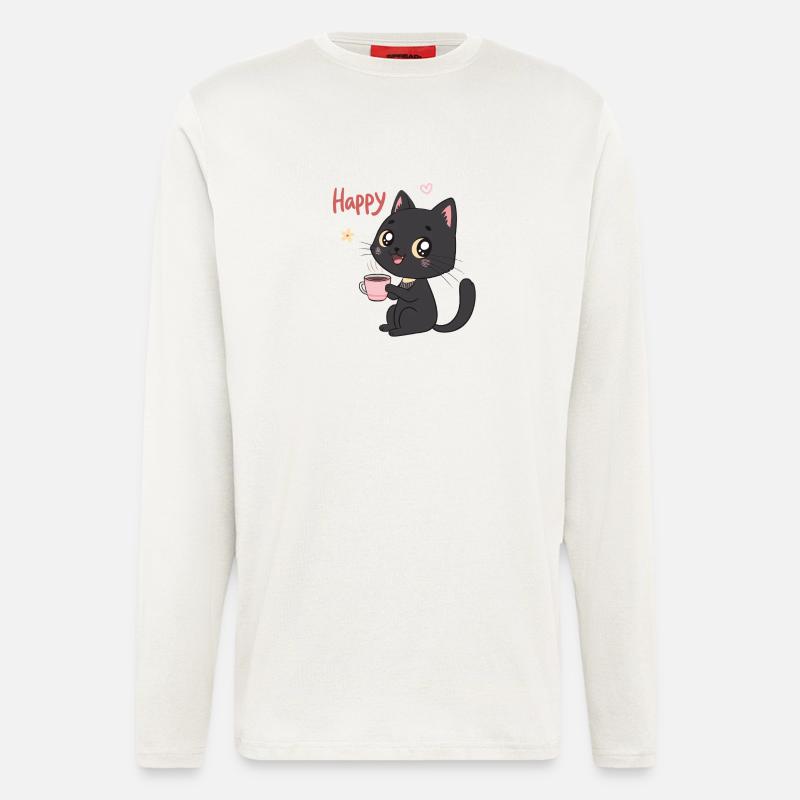 Schwarze Katze lächelt süßer Kaffee - Langarmshirt - made by SPREAD  - OFF WHITE