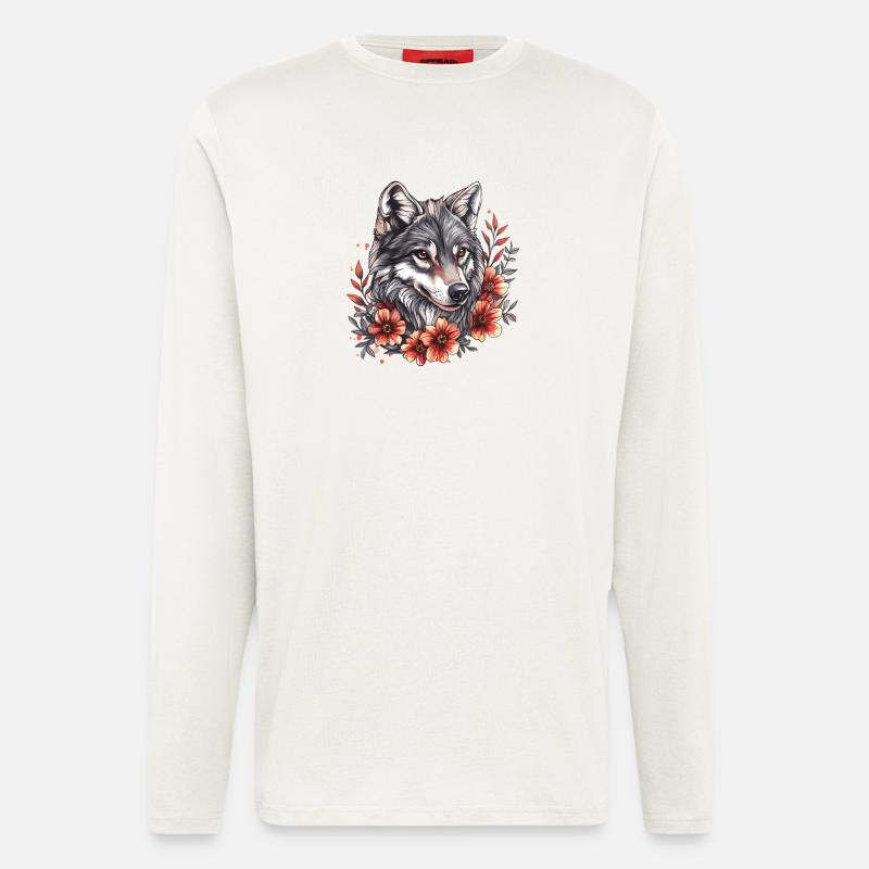 Wolfskopf mit Blumenring - Langarmshirt - made by SPREAD  - OFF WHITE