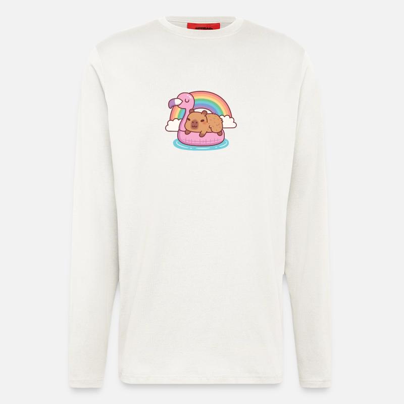 Niedliche Kapybara chillt auf Flamingo-Float-Regenbogen - Langarmshirt - made by SPREAD  - OFF WHITE