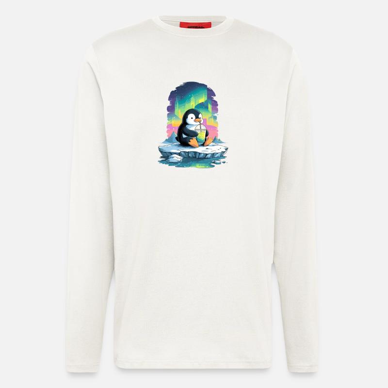 Pinguin am Eis mit Neon-Aurora - Langarmshirt - made by SPREAD  - OFF WHITE