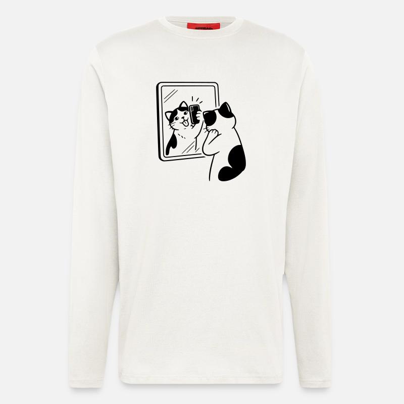 Selfie dans le miroir du chat - Manches longues bio décontracté fabriqué en UE - OFF WHITE