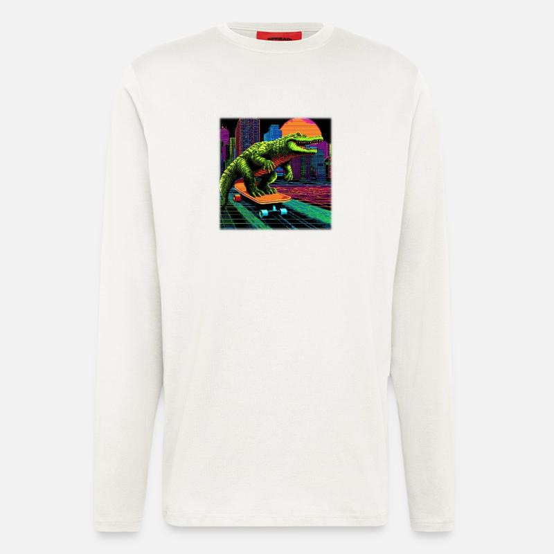 Pixel Art Krokodil – Retro Skater Synthwave - Langarmshirt - made by SPREAD  - OFF WHITE