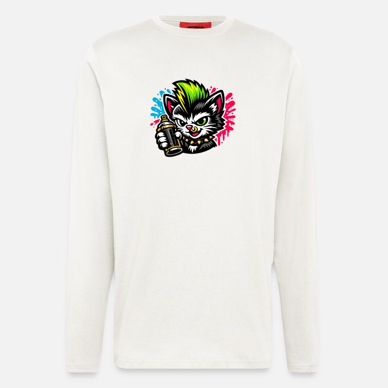 Graffiti Cat Spray Dot - Manches longues bio décontracté fabriqué en UE - OFF WHITE