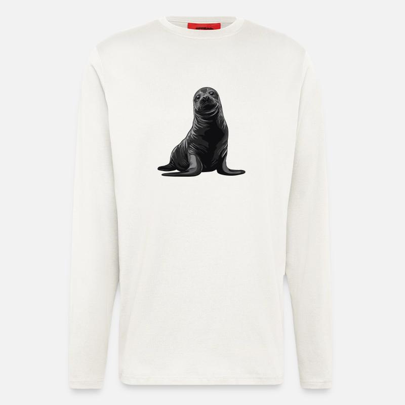 Graue Robbenillustration mit neugierigem Blick - Langarmshirt - made by SPREAD  - OFF WHITE