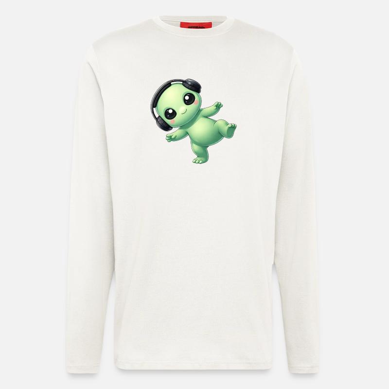 Alieno alieno con cuffie Techno Dancing - Maglia a maniche lunghe ecologica casual Made in UE - OFF WHITE