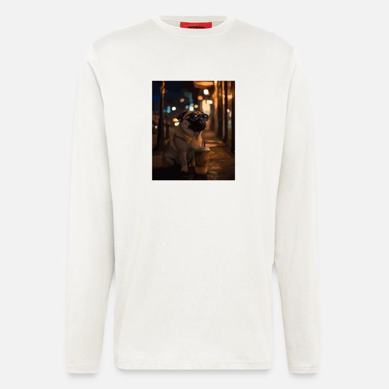 Mops mit Sonnenbrille und Eiskaffee - Langarmshirt - made by SPREAD  - OFF WHITE