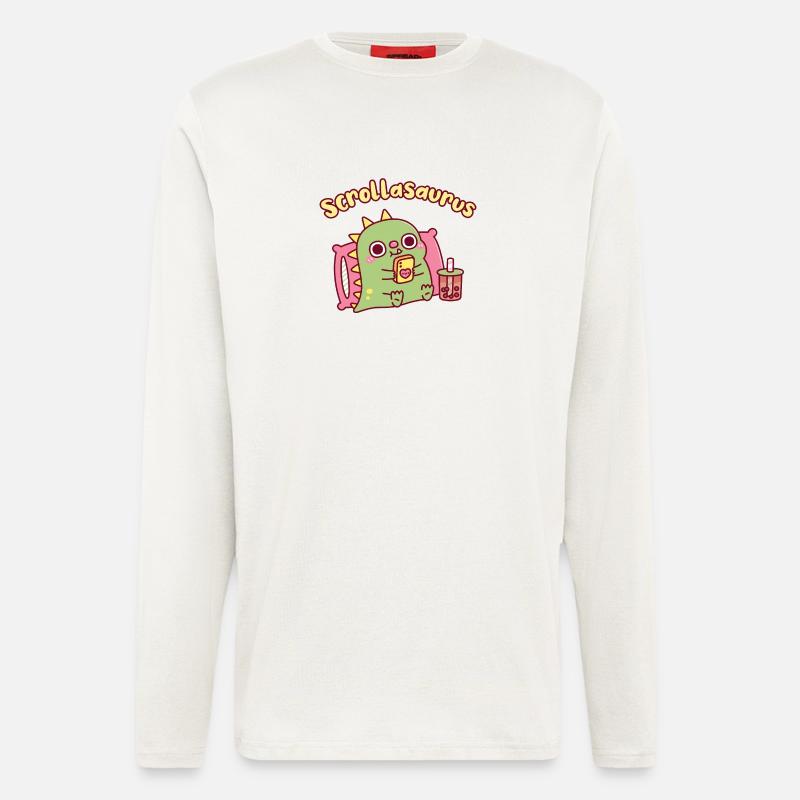 Niedlicher Scrollasaurus-Dinosaurier scrollt auf dem Handy - Langarmshirt - made by SPREAD - OFF WHITE