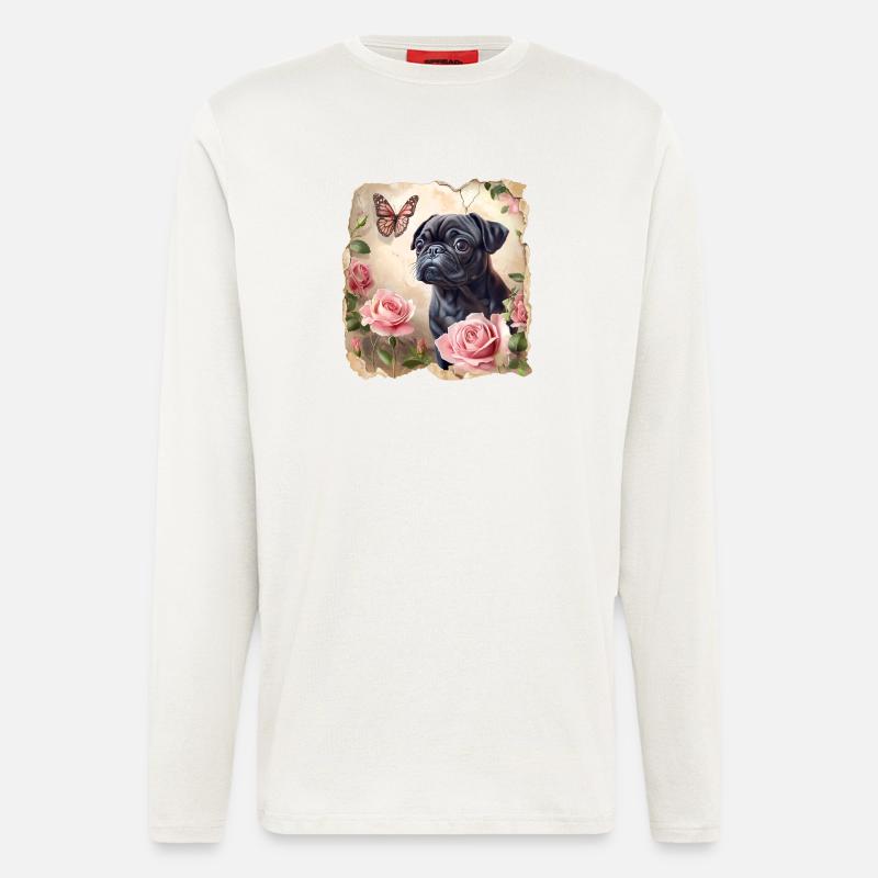 Schwarzer Mops mit Schmetterling - Langarmshirt - made by SPREAD  - OFF WHITE