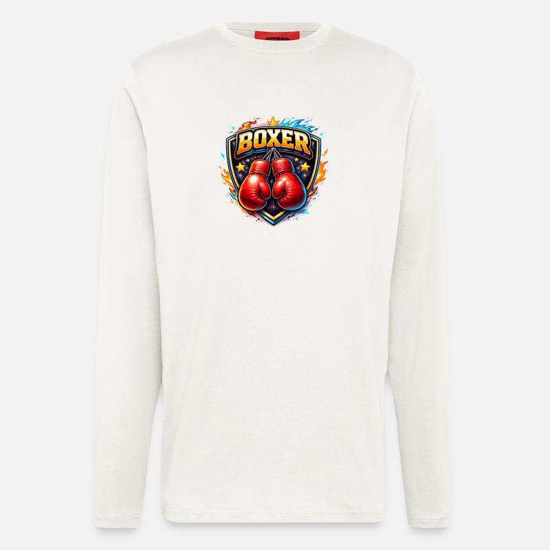 Logo de boxe combative avec gants - Manches longues bio décontracté fabriqué en UE - OFF WHITE