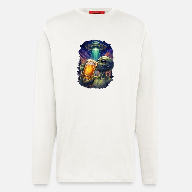 Alien Drinking Beer UFO - Langarmshirt - made by SPREAD  - OFF WHITE