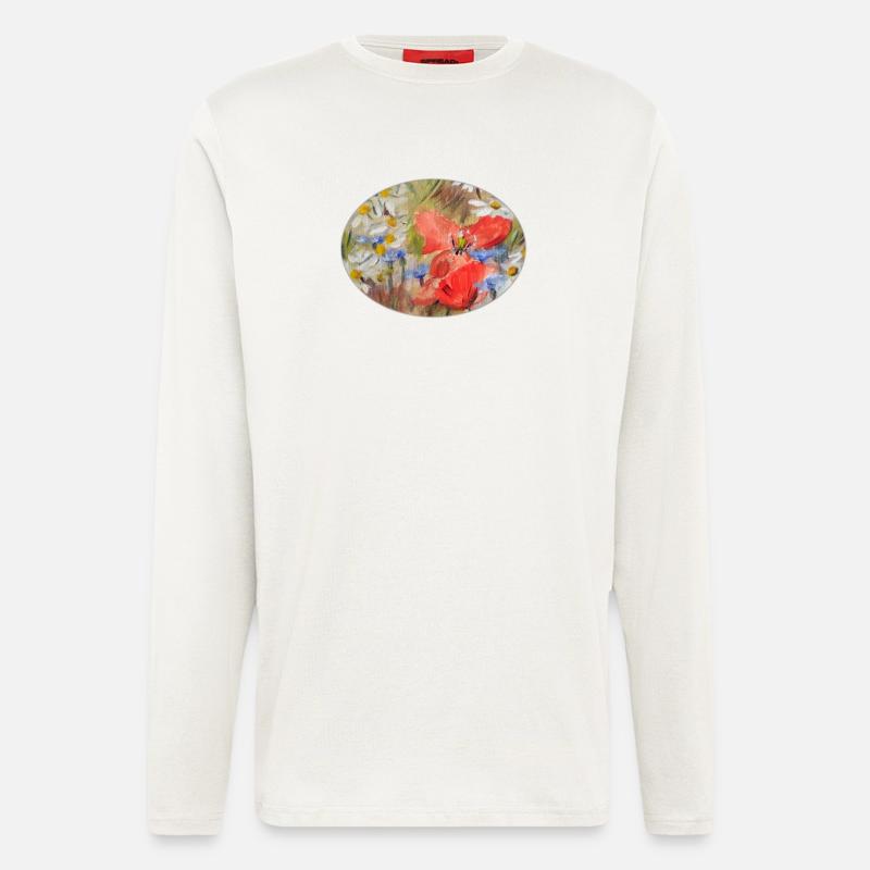 Rote Mohn- und Gänseblümchen-Wiesen-Malerei - Langarmshirt - made by SPREAD  - OFF WHITE