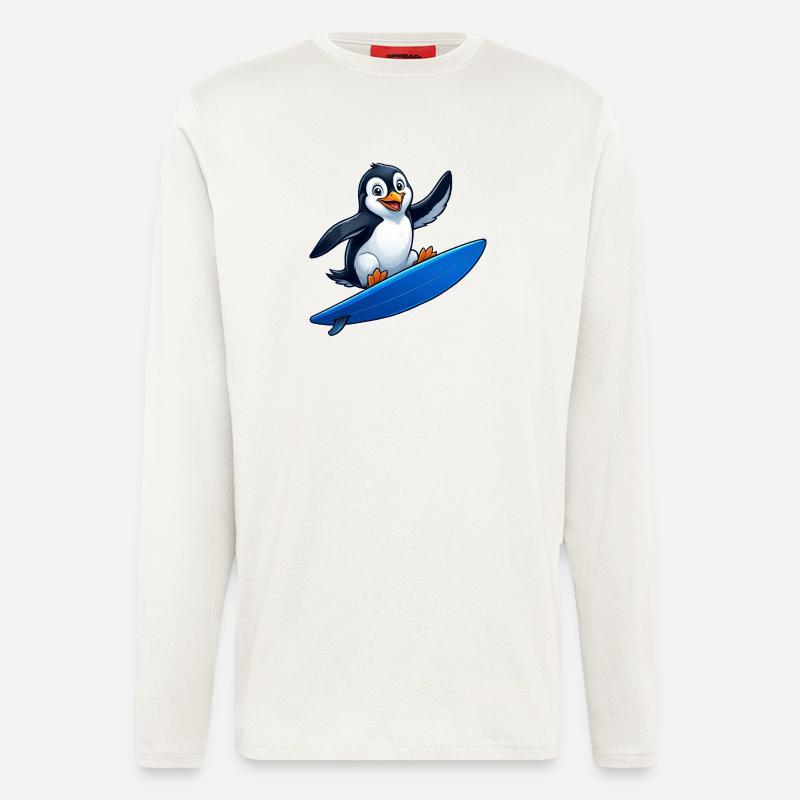 Mignon Pingouin Surfeur Surfant Eau d’Été - Manches longues bio décontracté fabriqué en UE - OFF WHITE