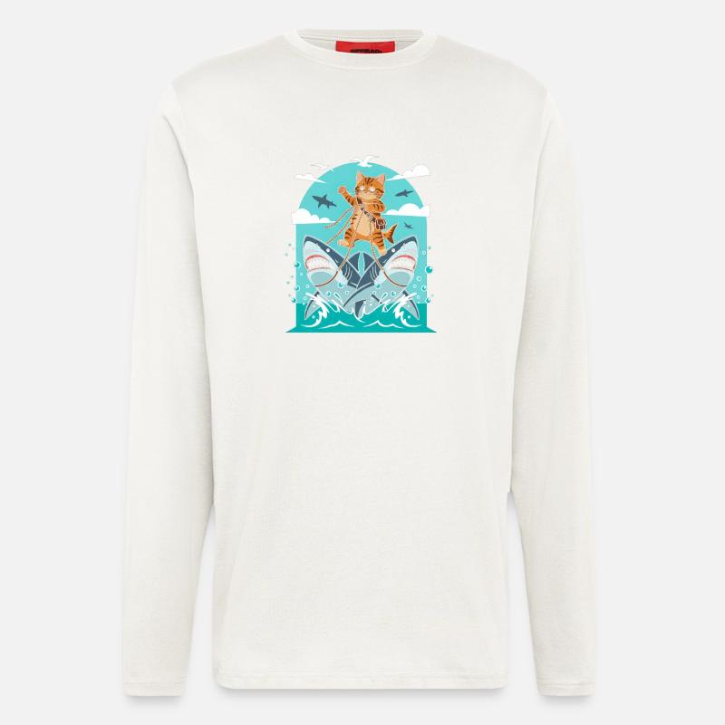 Kätzchen auf Haiabenteuer - Langarmshirt - made by SPREAD  - OFF WHITE