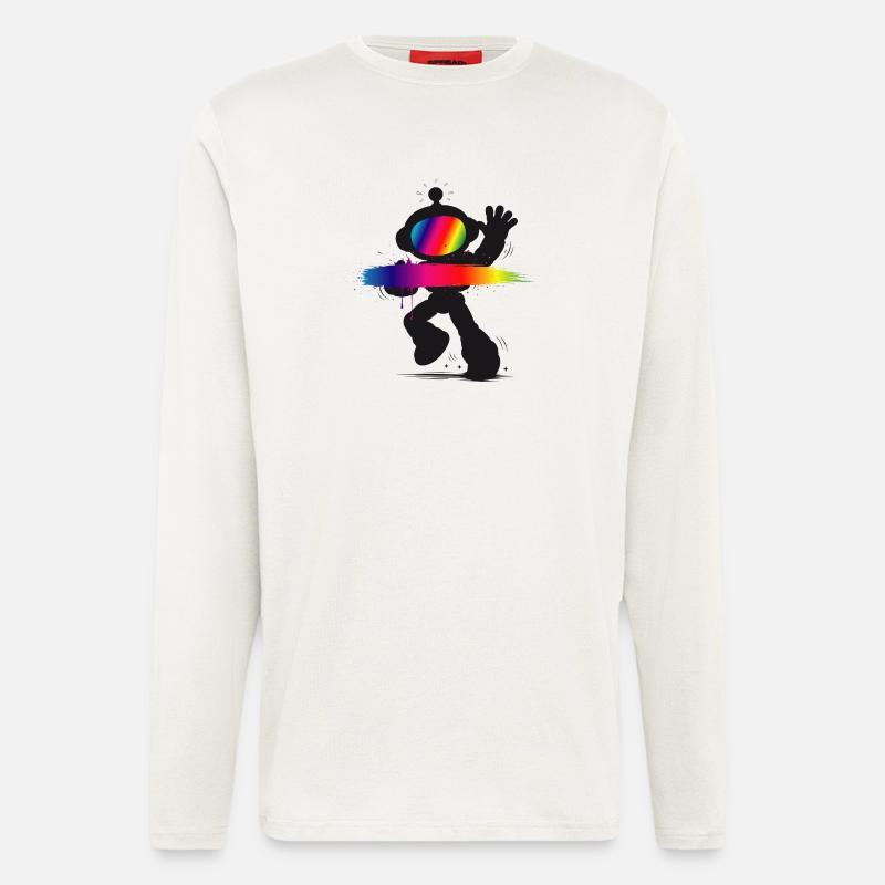 Robot Silhouette Rainbow Splash Design - Manches longues bio décontracté fabriqué en UE - OFF WHITE