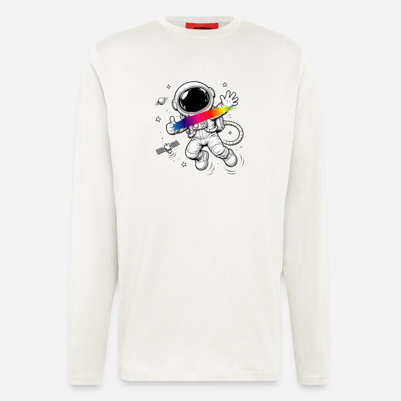 Astronaut Rainbow Splash Space Design - Manches longues bio décontracté fabriqué en UE - OFF WHITE