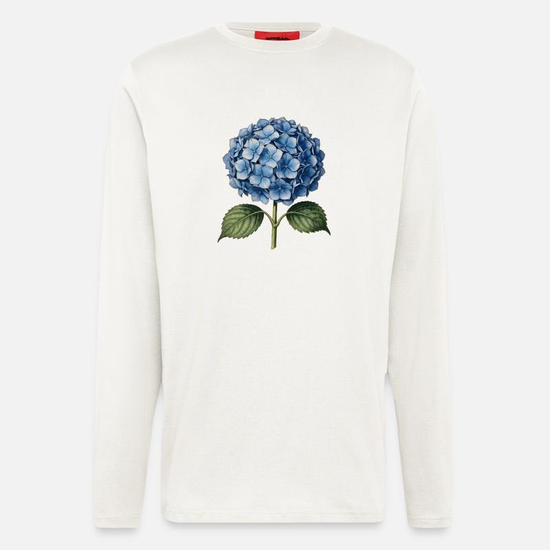 Illustrationsstich einer blauen Hortensie - Langarmshirt - made by SPREAD - OFF WHITE