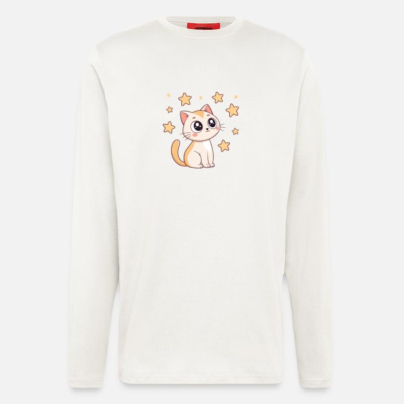 Chat étoilé kawaii - Manches longues bio décontracté fabriqué en UE - OFF WHITE