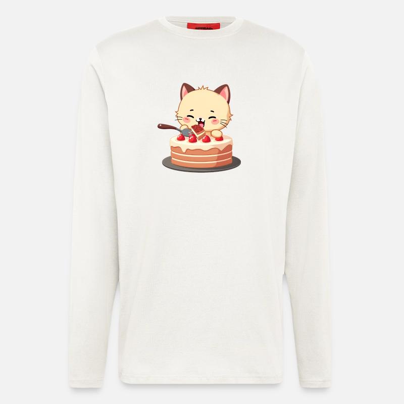 Le chat mange du gâteau - Manches longues bio décontracté fabriqué en UE - OFF WHITE