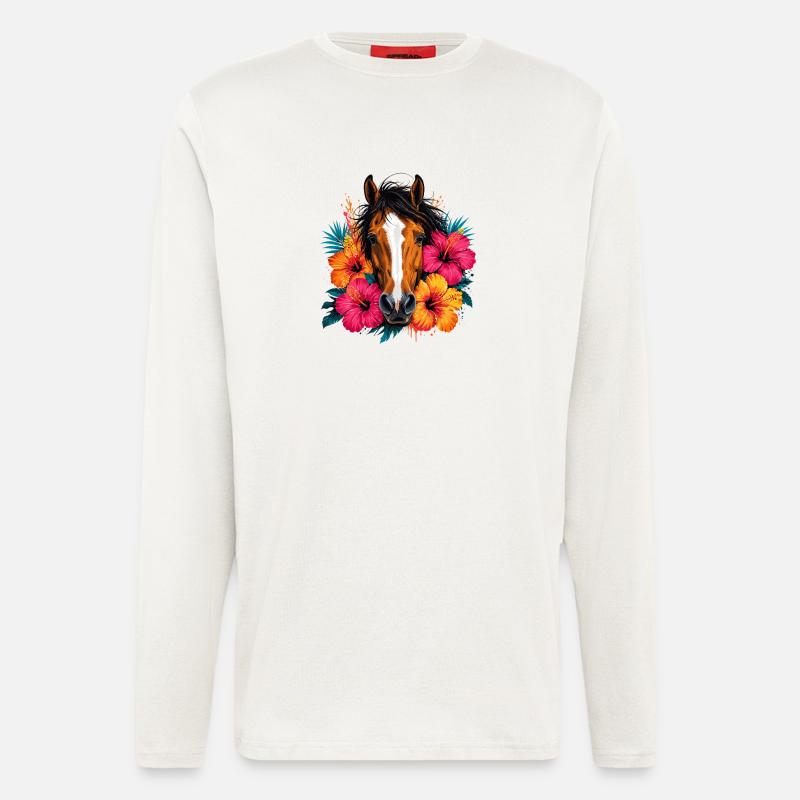 Pferd mit tropischen Blüten - Langarmshirt - made by SPREAD  - OFF WHITE