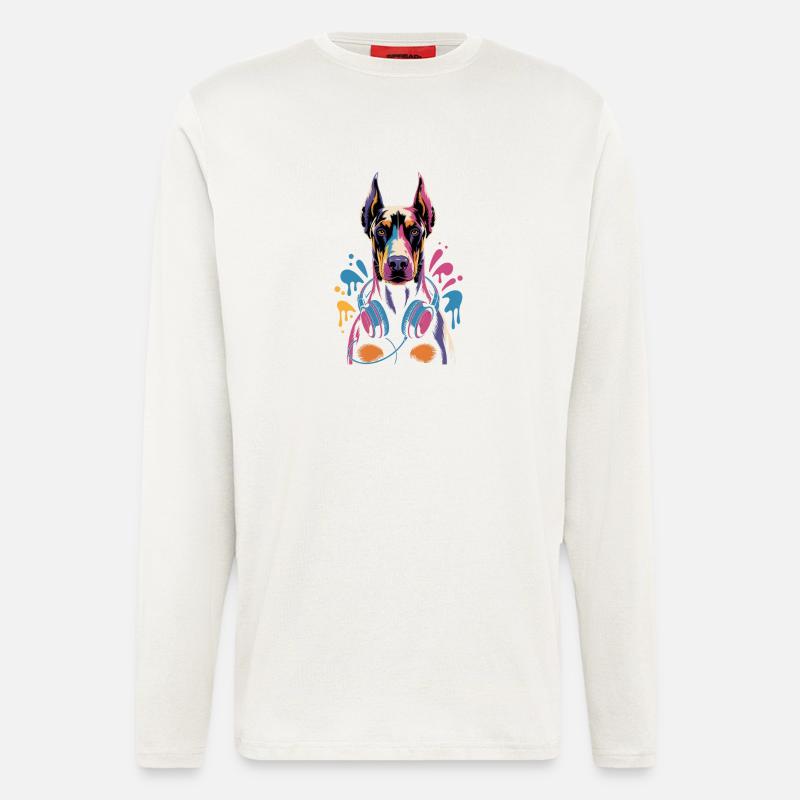 Dobermann mit Kopfhörern - Langarmshirt - made by SPREAD  - OFF WHITE