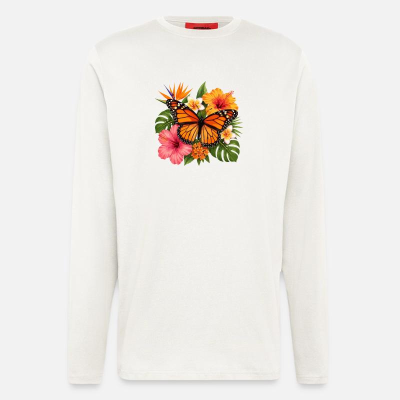Fleur tropicale du papillon monarque - Manches longues bio décontracté fabriqué en UE - OFF WHITE