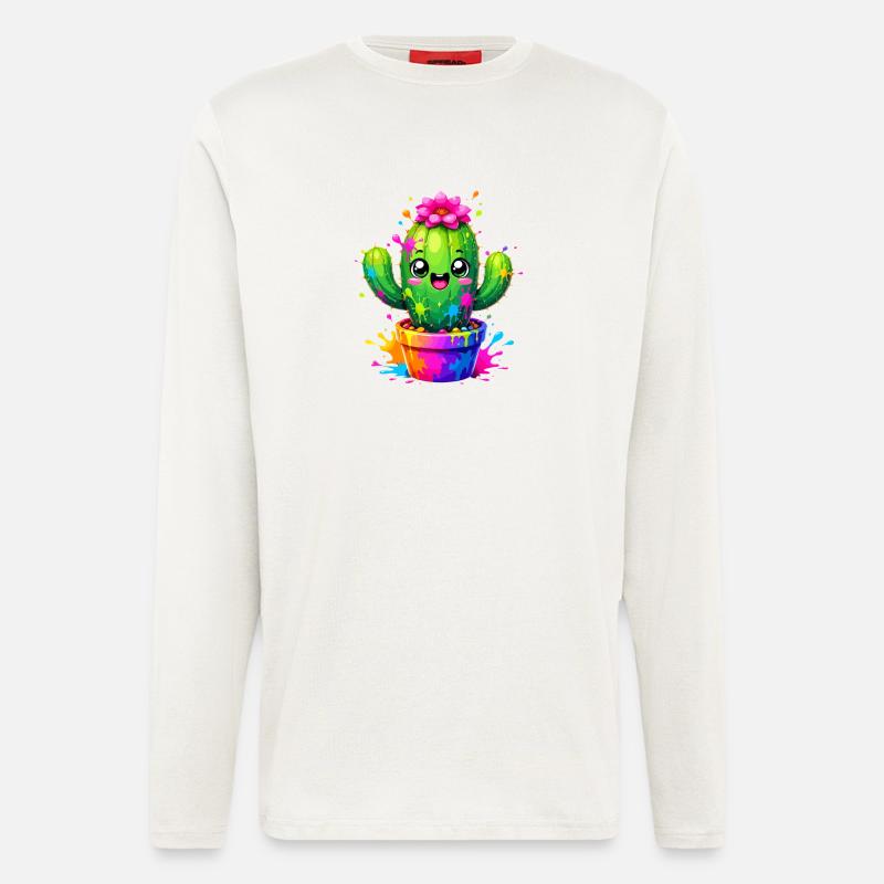 Cactus Joyeuses Fleurs Éclaboussurées - Manches longues bio décontracté fabriqué en UE - OFF WHITE