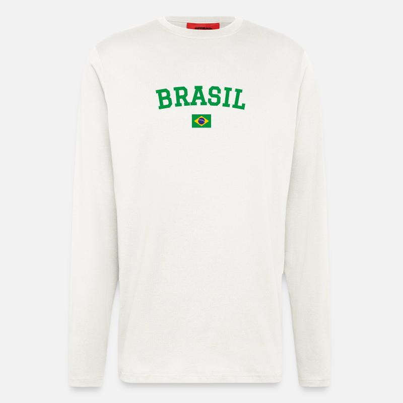 Drapeau du Brésil Conception Vert - Manches longues bio décontracté fabriqué en UE - OFF WHITE