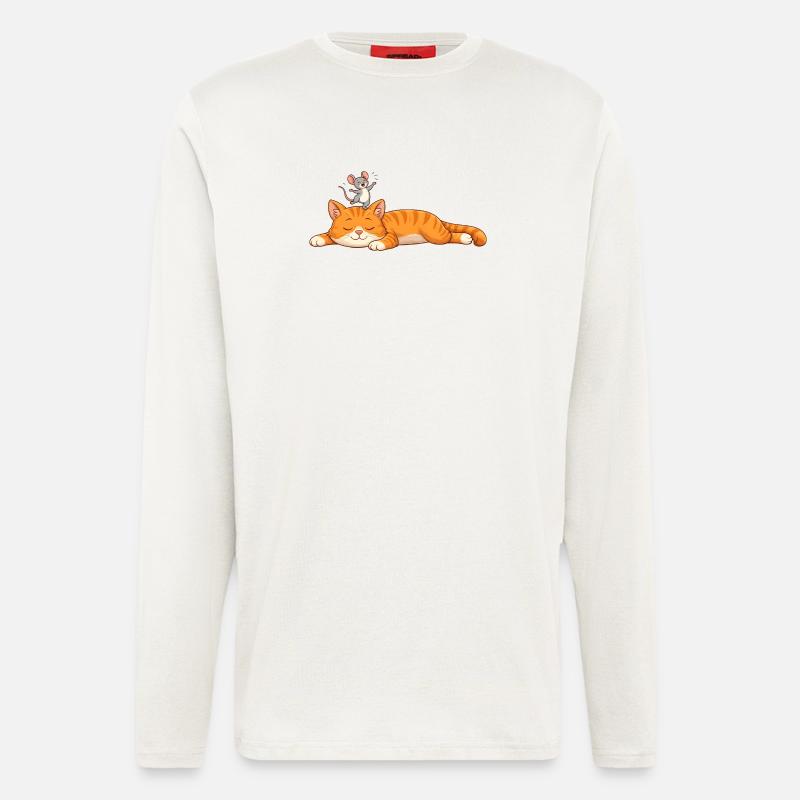 Chat endormi avec souris joyeuse - Manches longues bio décontracté fabriqué en UE - OFF WHITE