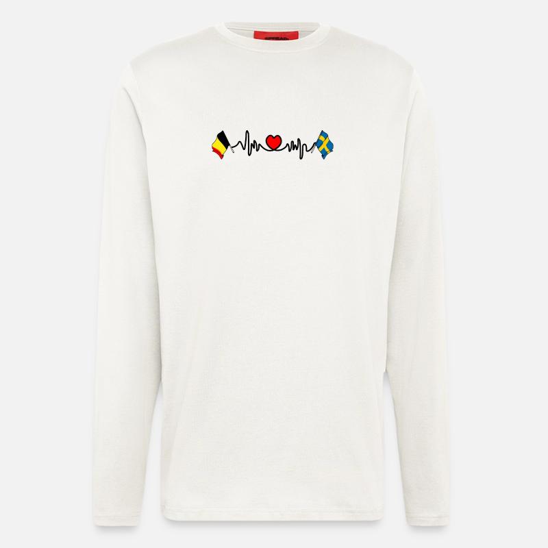 Cardio heart Drapeau Belgique, drapeau Suède - Manches longues bio décontracté fabriqué en UE - OFF WHITE