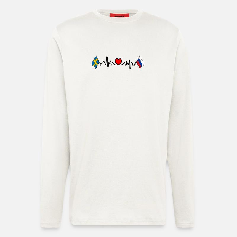 Cardio heart Drapeau Suède, drapeau Russie - Manches longues bio décontracté fabriqué en UE - OFF WHITE