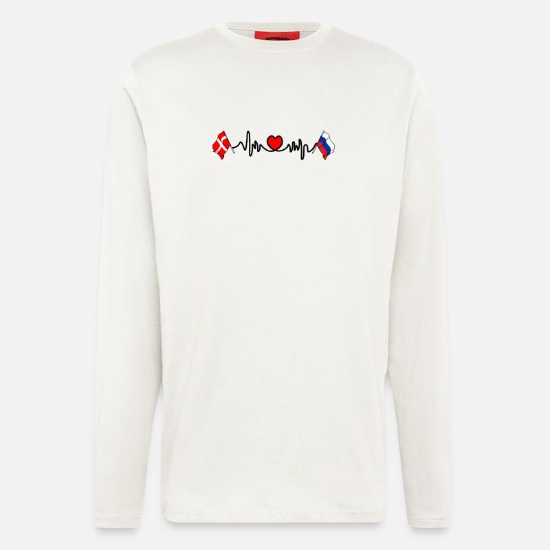 Cardio cardiaque Drapeau Danemark, drapeau Russie - Manches longues bio décontracté fabriqué en UE - OFF WHITE