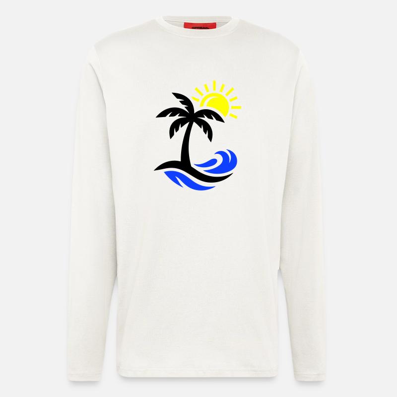 Océan Palm Tree Beach - Manches longues bio décontracté fabriqué en UE - OFF WHITE