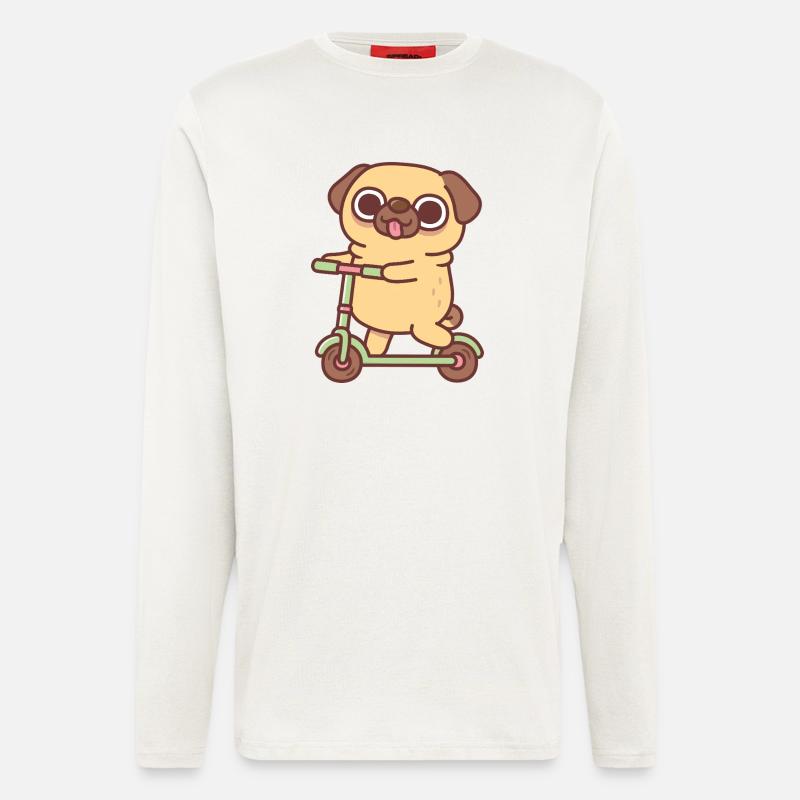 Süßer Mops spielt auf Tretroller - Langarmshirt - made by SPREAD  - OFF WHITE