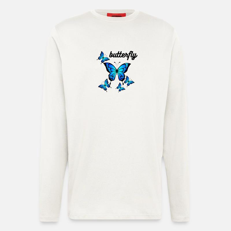 Blaue Schmetterlinge auf Mitternachtsschwarz - Langarmshirt - made by SPREAD - OFF WHITE