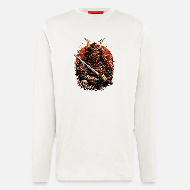 Samurai mit Kirschblüten und Schädel - Langarmshirt - made by SPREAD  - OFF WHITE