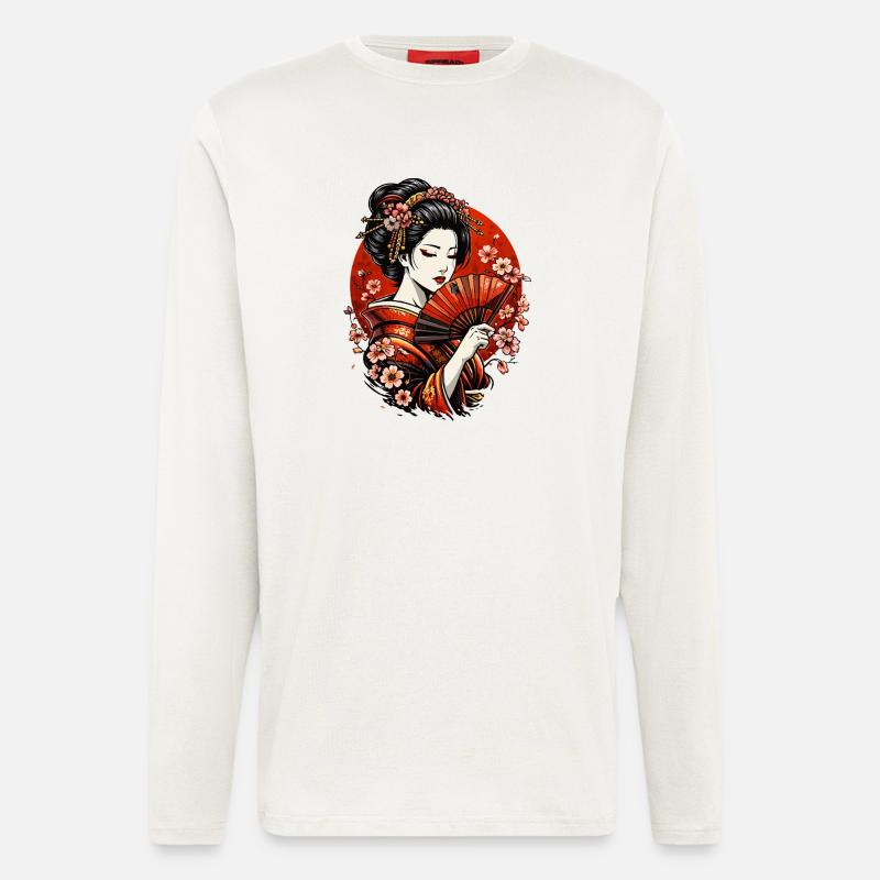 Geisha mit Fächer und Kirschblüten - Langarmshirt - made by SPREAD  - OFF WHITE