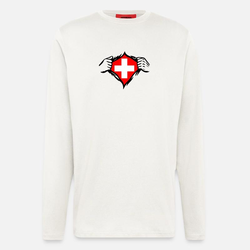 Drapeau suisse Drapeau drôle - Manches longues bio décontracté fabriqué en UE - OFF WHITE